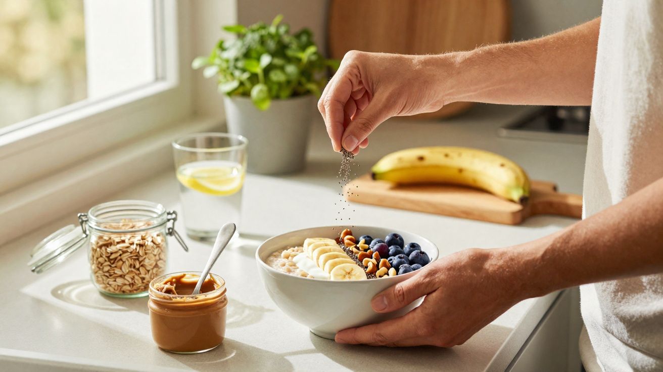 Pessoa polvilhando sementes em tigela com aveia, banana, mirtilos e frutos secos numa cozinha iluminada natural.