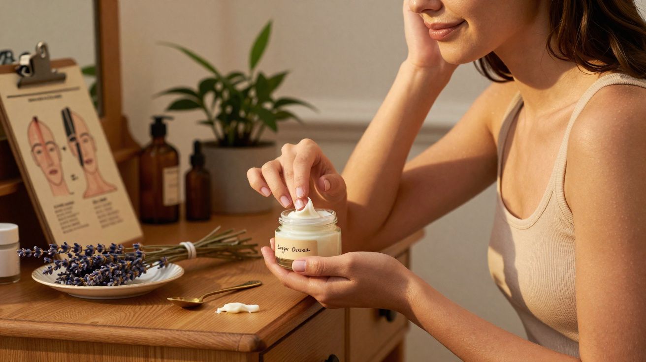 Mulher a aplicar creme hidratante num frasco, numa secretária com plantas e material de cuidado facial.