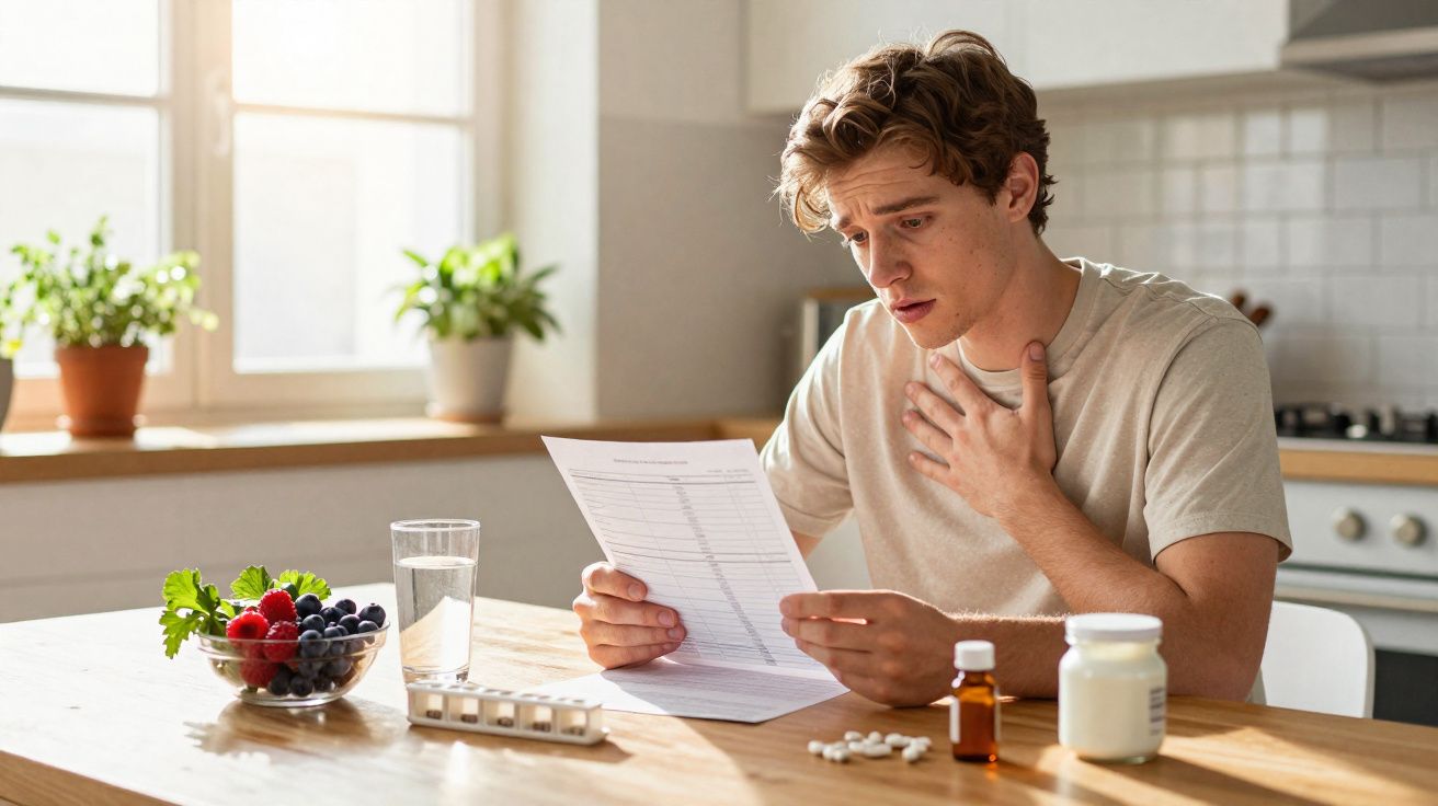 Homem preocupado a ler documento sentado à mesa com medicamentos, frutas e água numa cozinha iluminada.