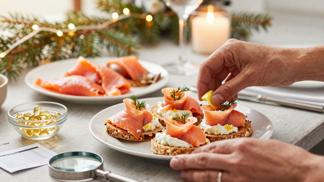 Mãos a decorar tostas com salmão fumado, queijo creme e endro numa mesa com velas e decoração natalícia.