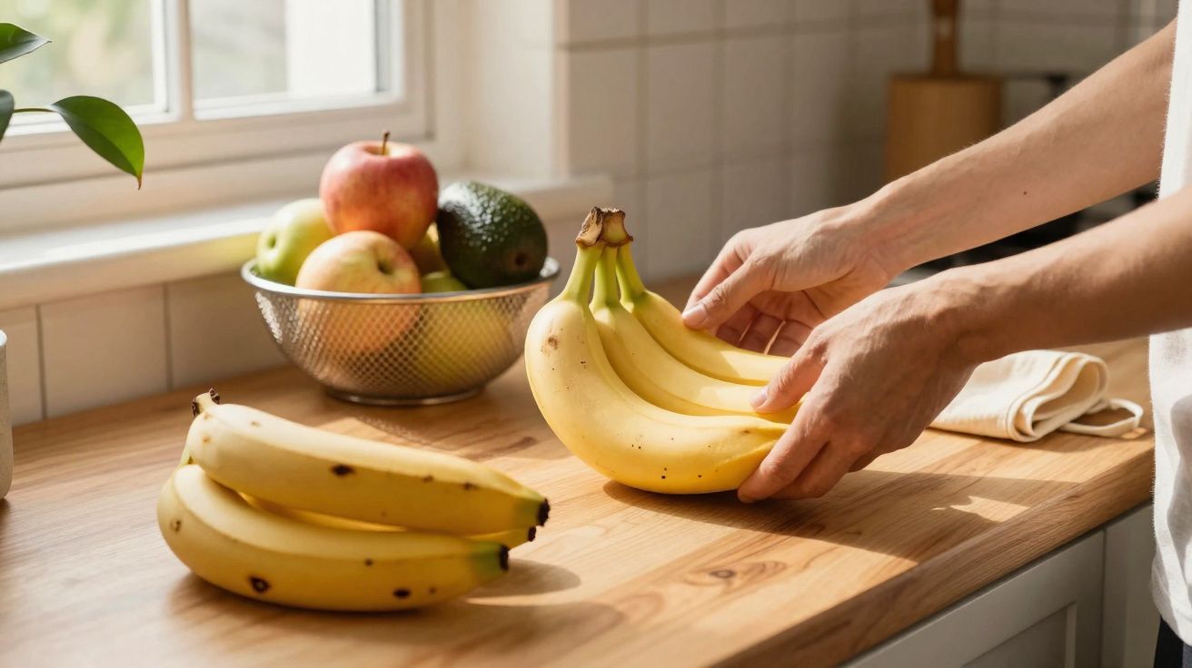 Pessoa a segurar cachos de bananas numa bancada com mais bananas e uma fruteira junto à janela.