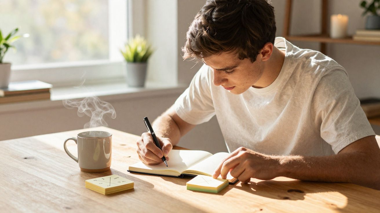 Jovem sentado a escrever num caderno com caneca de chá ou café fumegante numa mesa de madeira iluminada.