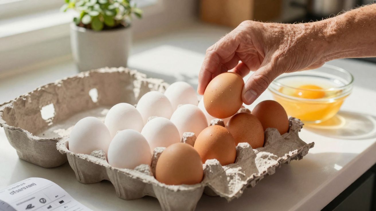 Mão a pegar ovo castanho numa caixa com ovos brancos e castanhos, com taça e planta ao fundo.