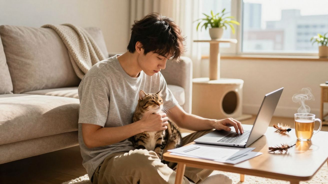 Jovem sentado no chão a trabalhar no portátil, abraçando um gato, numa sala de estar iluminada e confortável.