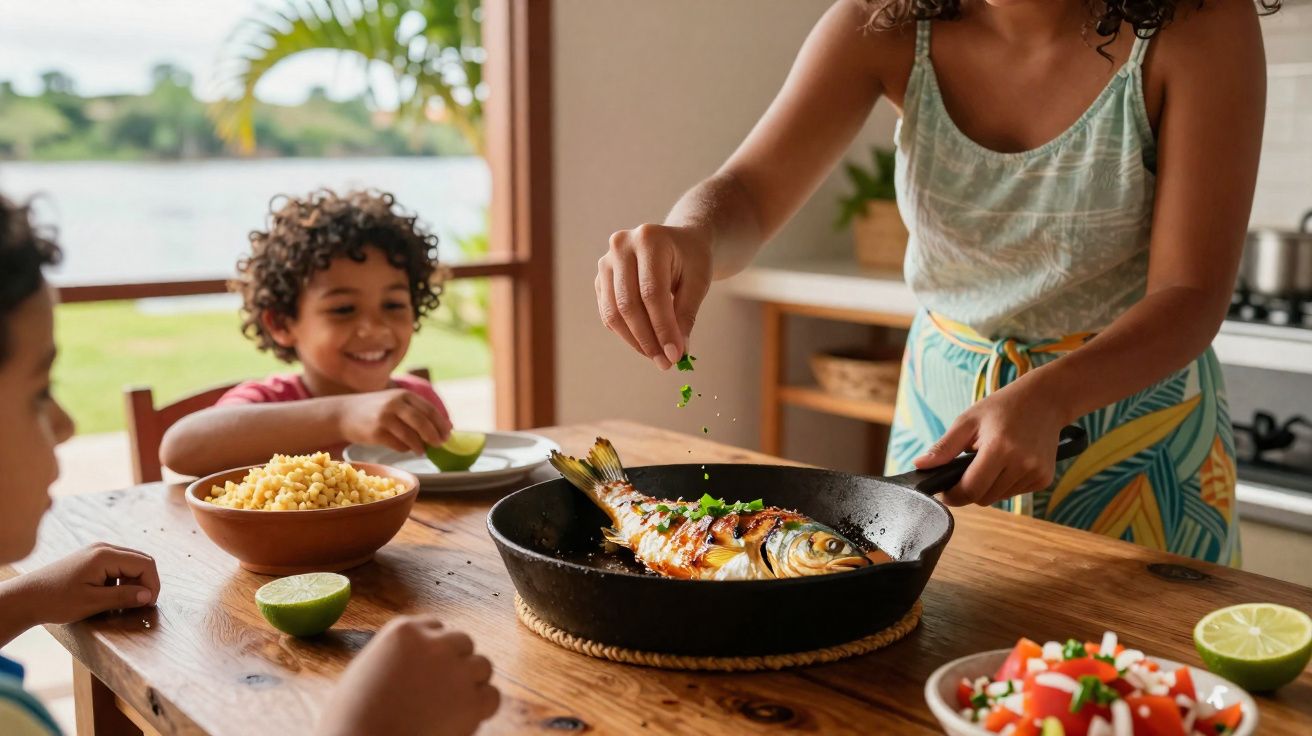 Mulher a temperar peixe na frigideira enquanto duas crianças esperam à mesa com pratos e comida.