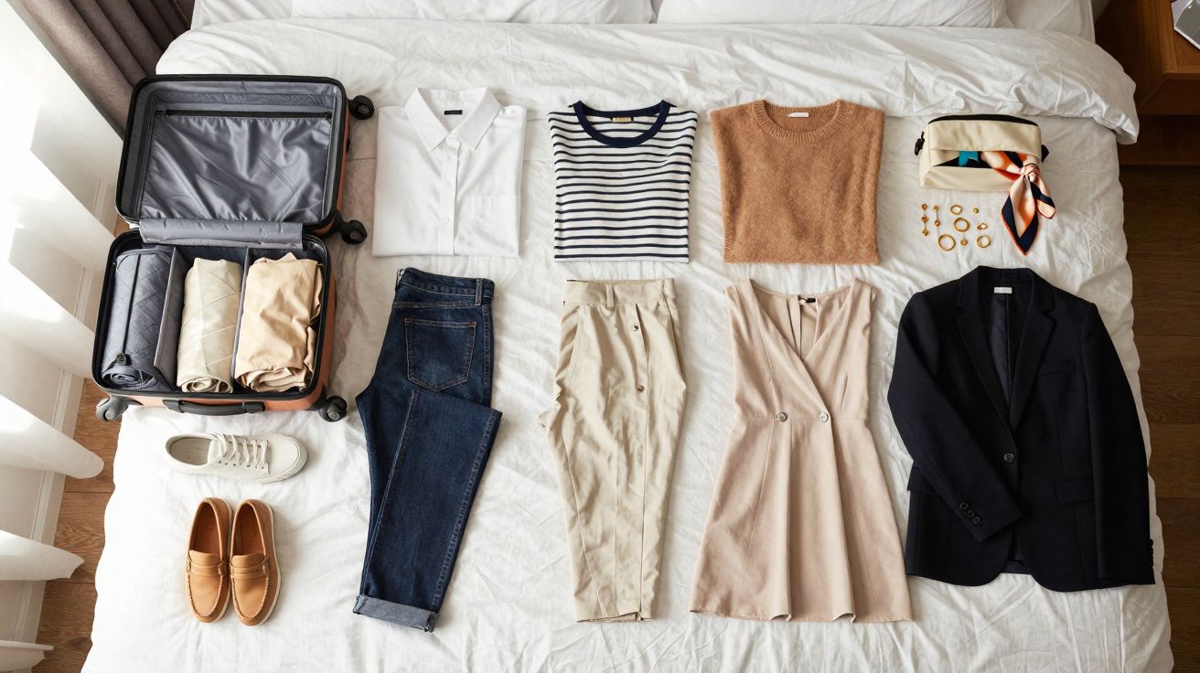 Roupas e acessórios organizados para viagem numa cama, incluindo mala, calçado, peças de roupa e necessaire.