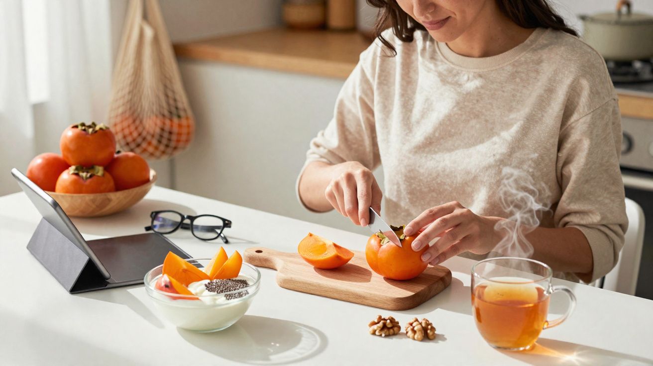 Pessoa a cortar caqui na cozinha junto a chá quente, tablet e tigela com iogurte e fruta.