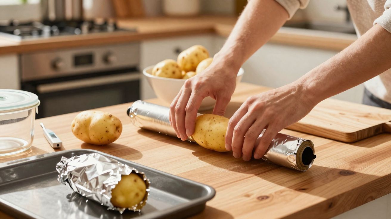 Mãos a enrolar batatas em papel alumínio numa cozinha, com mais batatas e tabuleiro ao fundo.