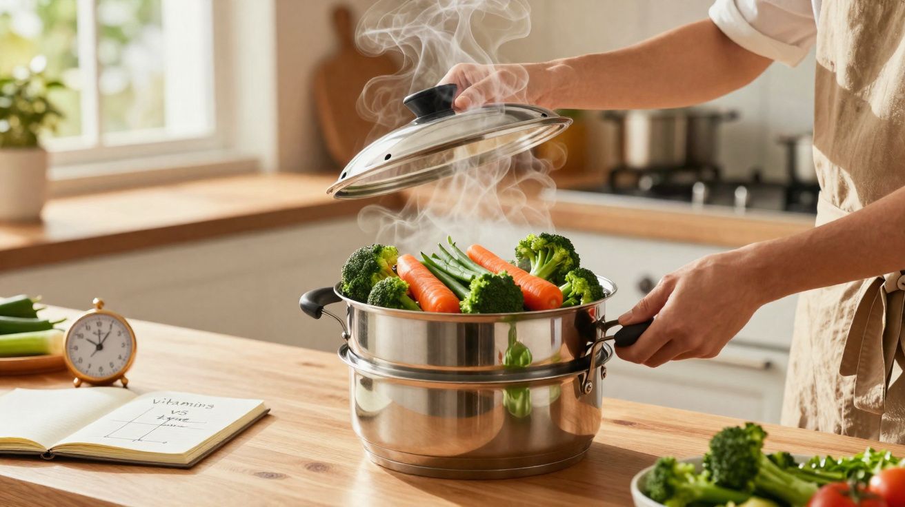 Pessoa a cozinhar legumes a vapor numa panela de inox numa cozinha luminosa.