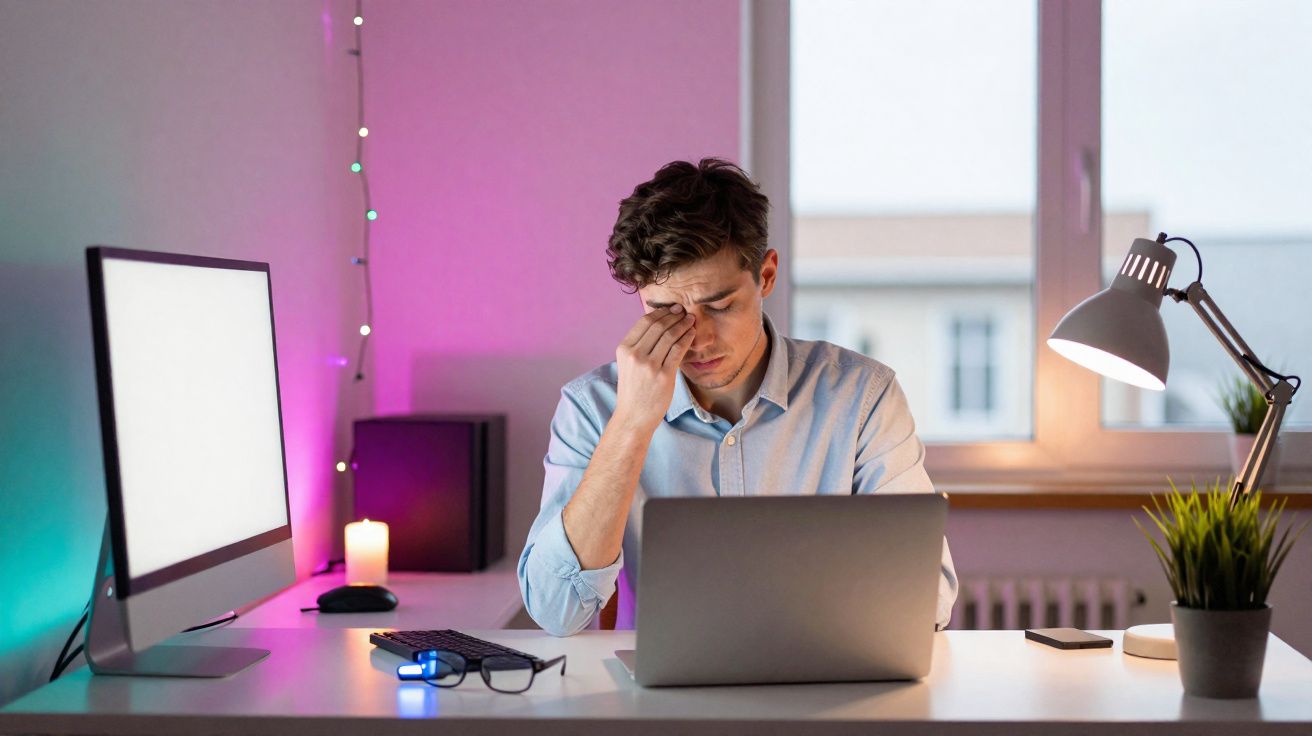 Homem cansado esfrega os olhos enquanto trabalha num computador portátil numa secretária iluminada por candeeiro e vela.
