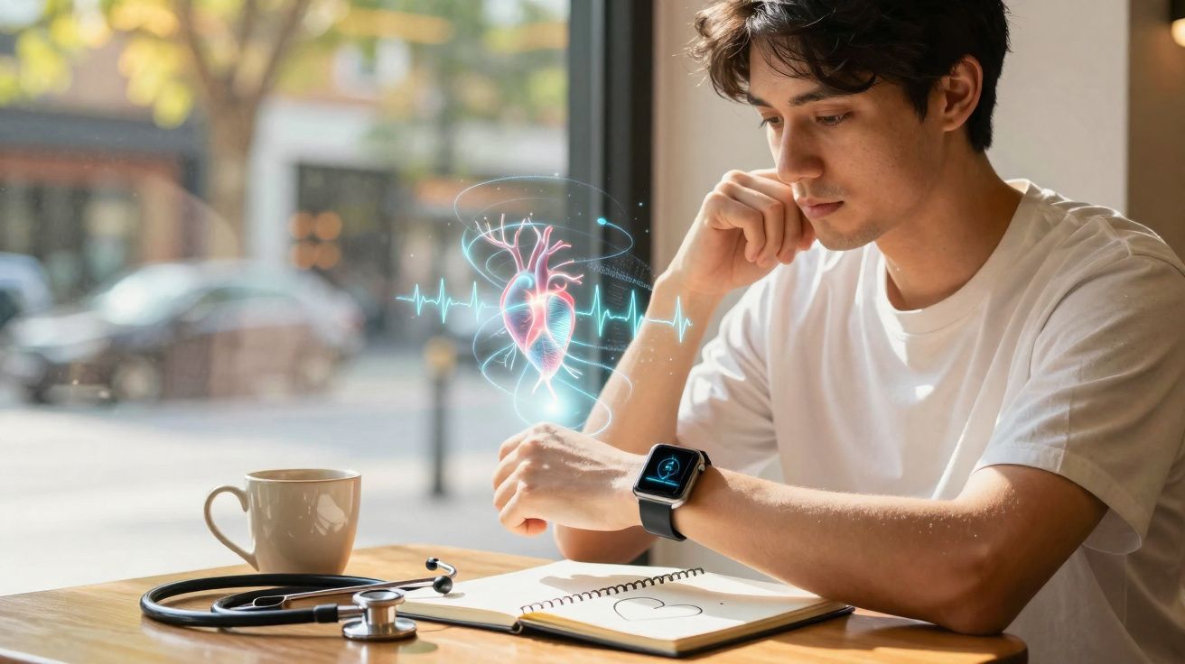 Homem a monitorizar batimentos cardíacos com relógio inteligente sentado numa mesa com estetoscópio e caderno.