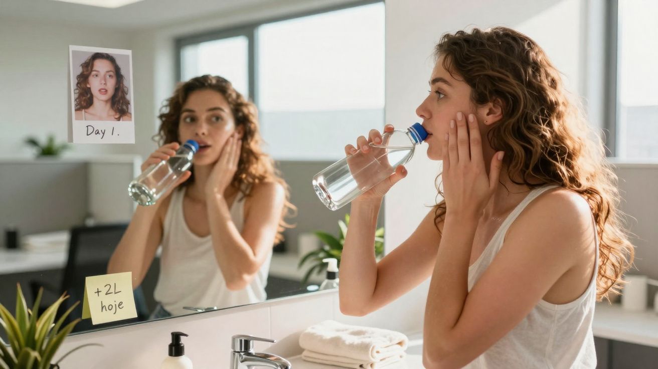 Mulher a beber água e a cuidar da pele diante de um espelho na casa de banho, com fotos e anotações coladas.