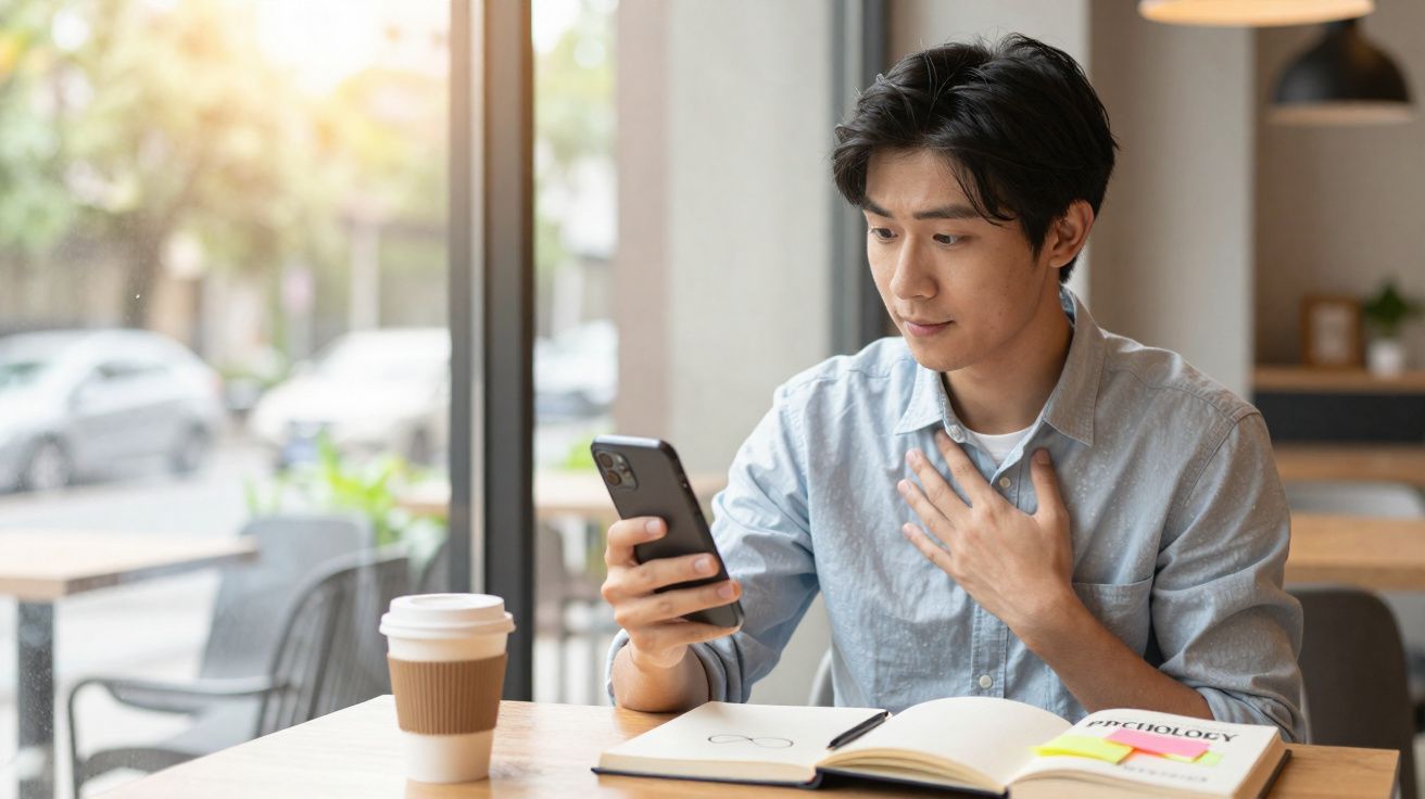 Homem sentado numa cafetaria, a olhar para o telemóvel com expressão surpresa e a mão no peito.