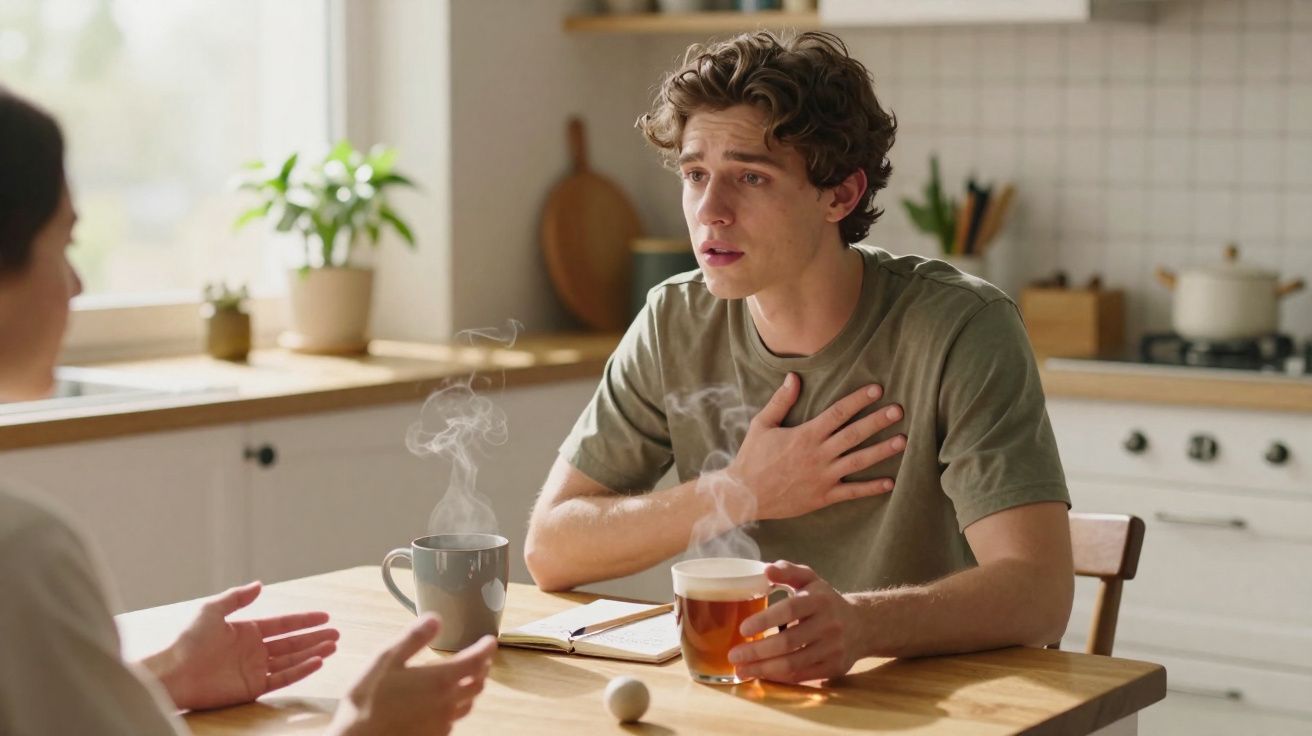 Jovem sentado à mesa com chá quente, aparentando estar aflito enquanto conversa com outra pessoa.