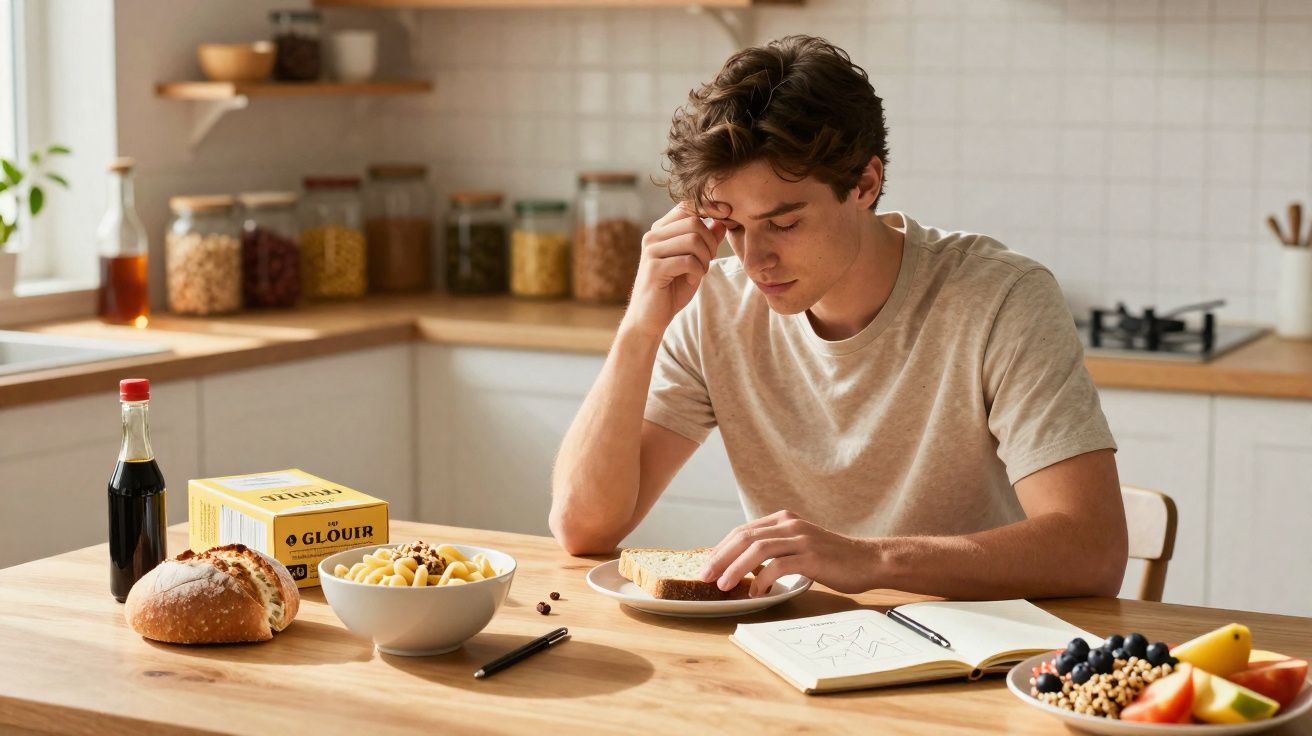 Jovem sentado à mesa na cozinha com pão, massa, fruta e a ler um livro aberto.