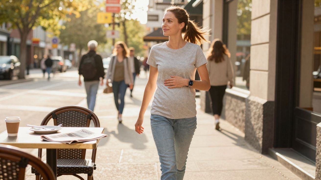Mulher grávida a caminhar tranquila numa rua urbana com pessoas e esplanada ao fundo ao entardecer.