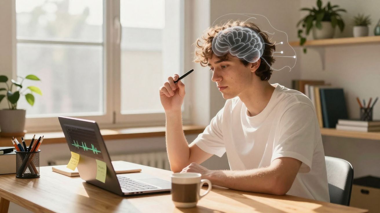 Jovem a estudar em frente ao portátil, com ilustração do cérebro a simbolizar concentração e pensamento.