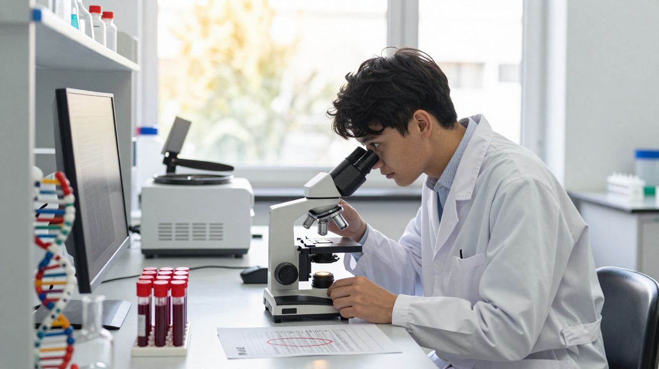 Cientista em bata branca observa amostra ao microscópio num laboratório com tubos de ensaio e computador.