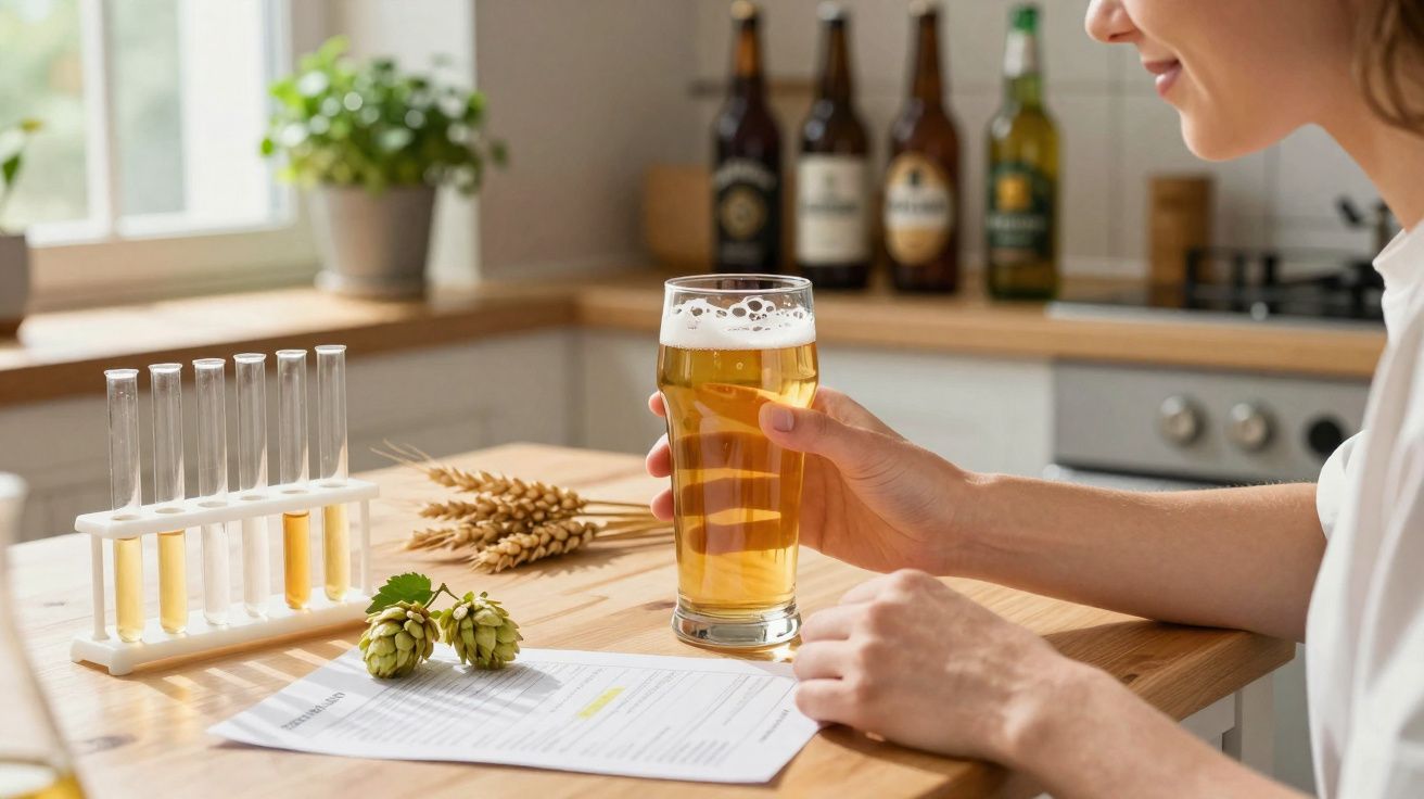 Pessoa segura copo de cerveja junto a tubos de ensaio, lúpulo e trigo numa bancada de cozinha.