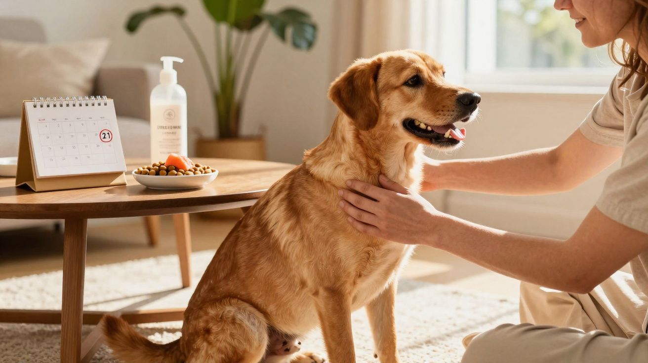 Pessoa a acariciar um cão dourado sentado num tapete junto a uma mesa com calendário e ração.