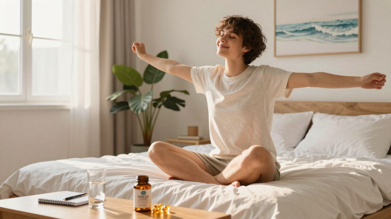 Pessoa sentada na cama a espreguiçar-se numa manhã luminosa, com frascos de suplementos numa mesa à frente.