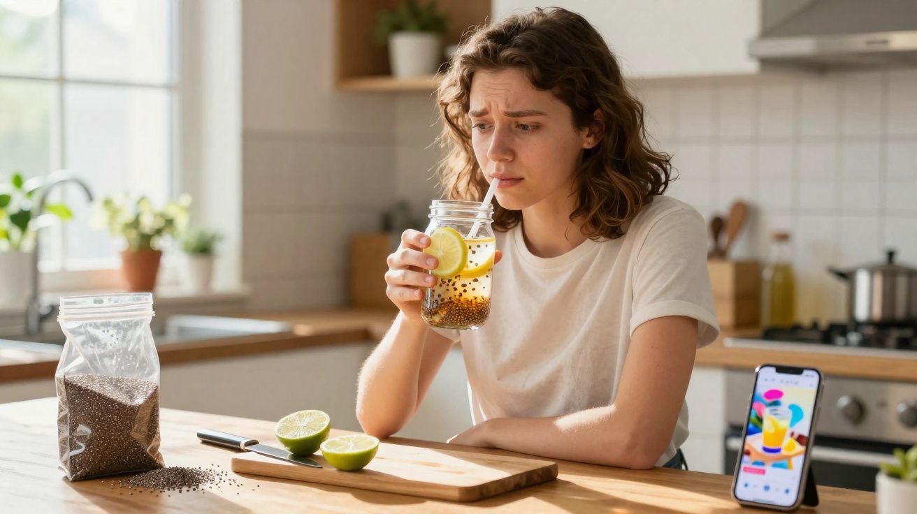 Mulher na cozinha com expressão preocupada a beber água com limão e sementes de chia de um copo com canudo.