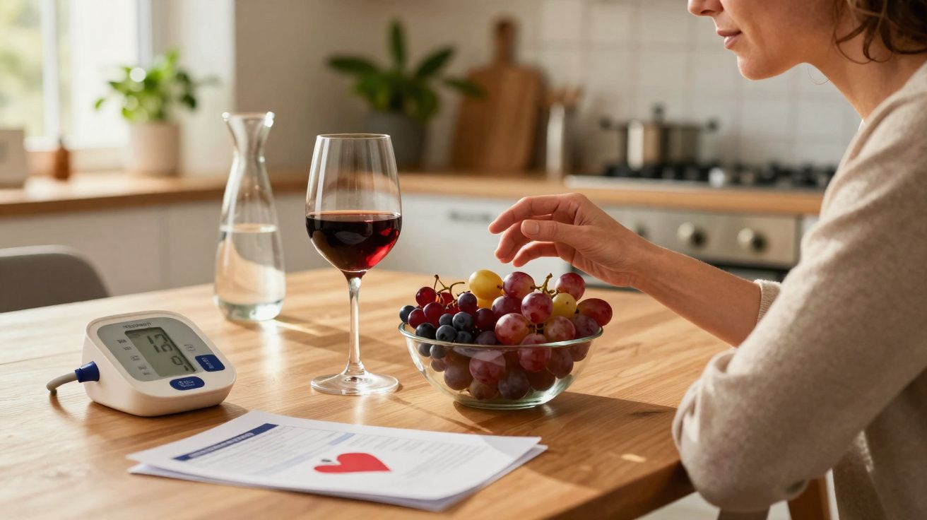 Mulher a pegar em uvas, com copo de vinho, jarro de água, medidor de tensão e documentos sobre mesa de madeira na cozinha.