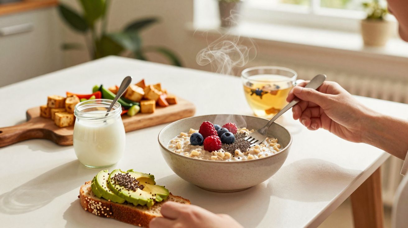 Pequeno-almoço saudável com papa de aveia, frutas vermelhas, torrada com abacate, iogurte e chá quente numa mesa.