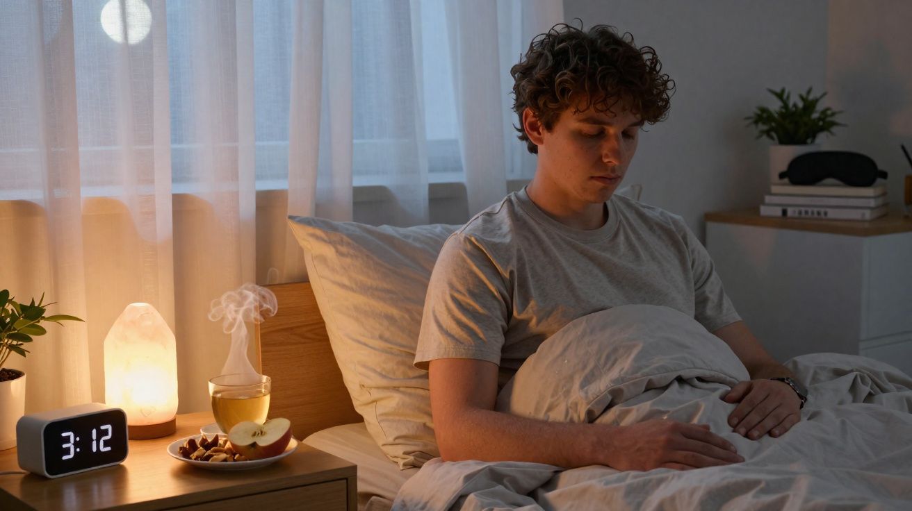 Jovem sentado na cama de madrugada, rodeado por chá, fruta e luz suave no quarto acolhedor.
