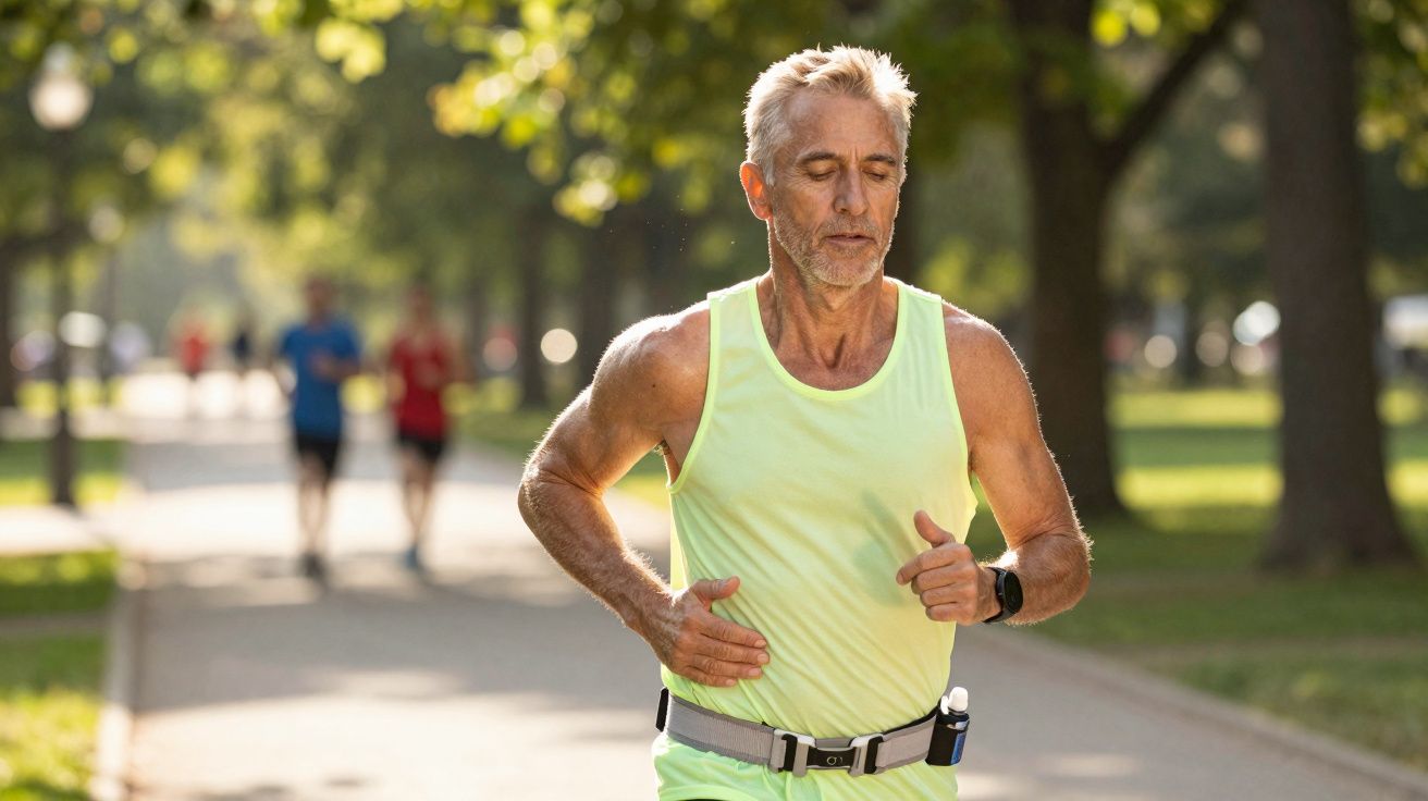 Homem envelhecido a correr num parque verde com árvores ao fundo durante o dia.