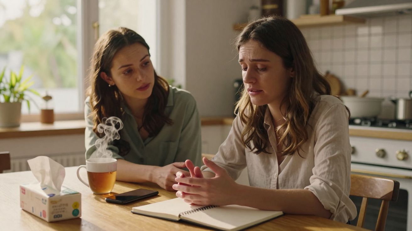 Duas mulheres sentadas à mesa na cozinha, uma consola a outra que parece triste e desabafa.