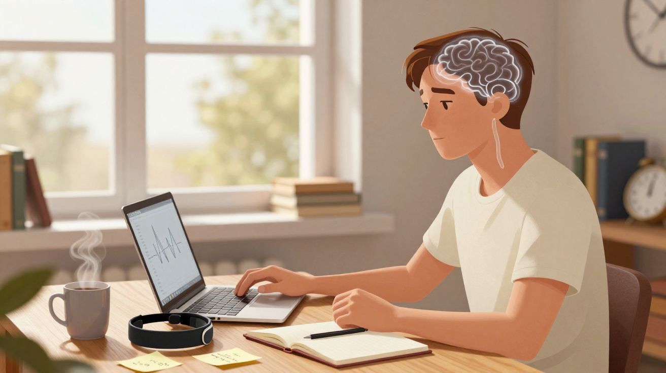 Pessoa a estudar em casa com representação do cérebro e atividade cerebral ao usar um computador portátil.
