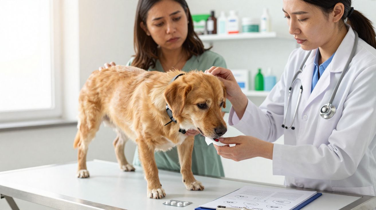 Veterinária a dar medicamento a cão numa consulta, com dona preocupada ao fundo.