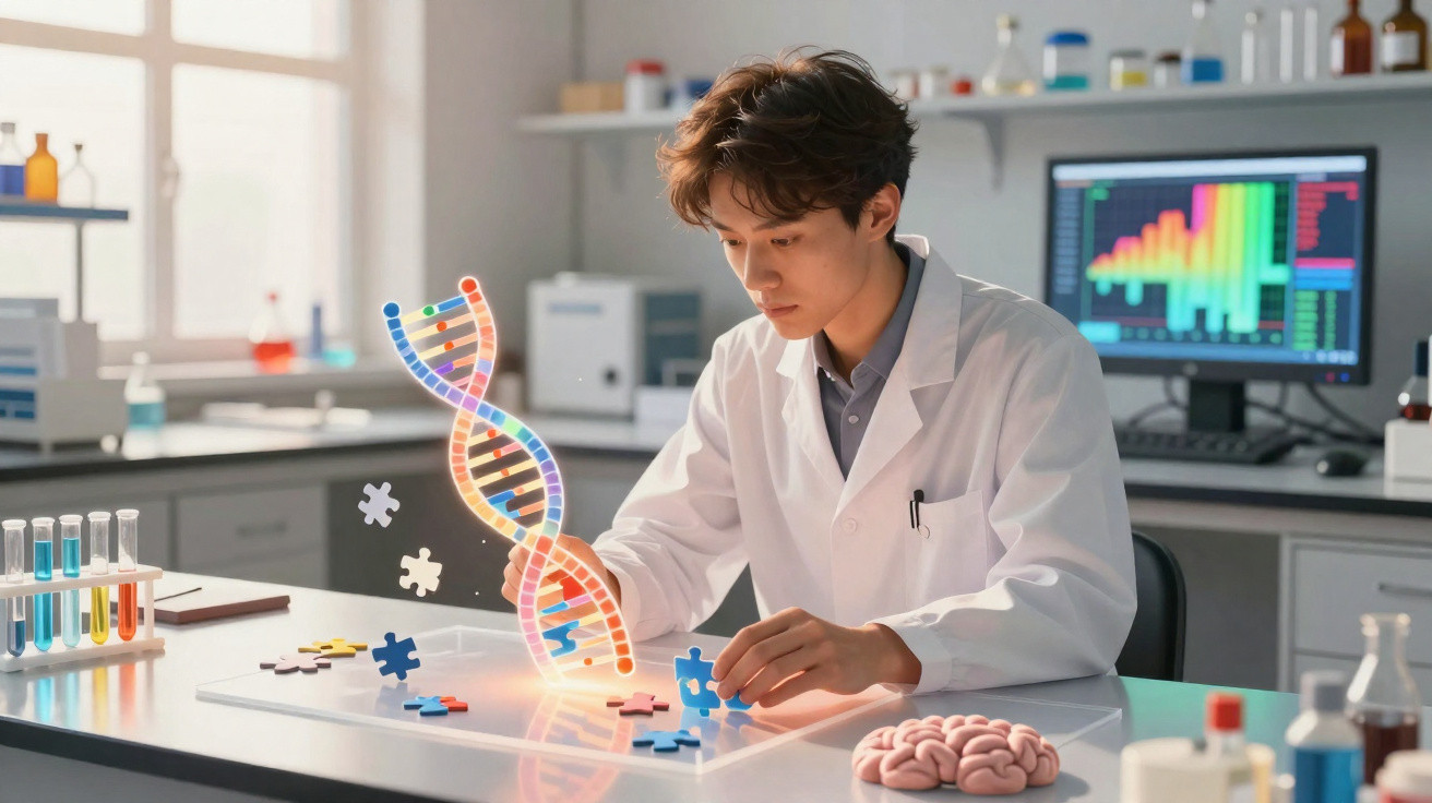 Cientista em laboratório a montar quebra-cabeças que formam uma hélice de DNA holográfica.