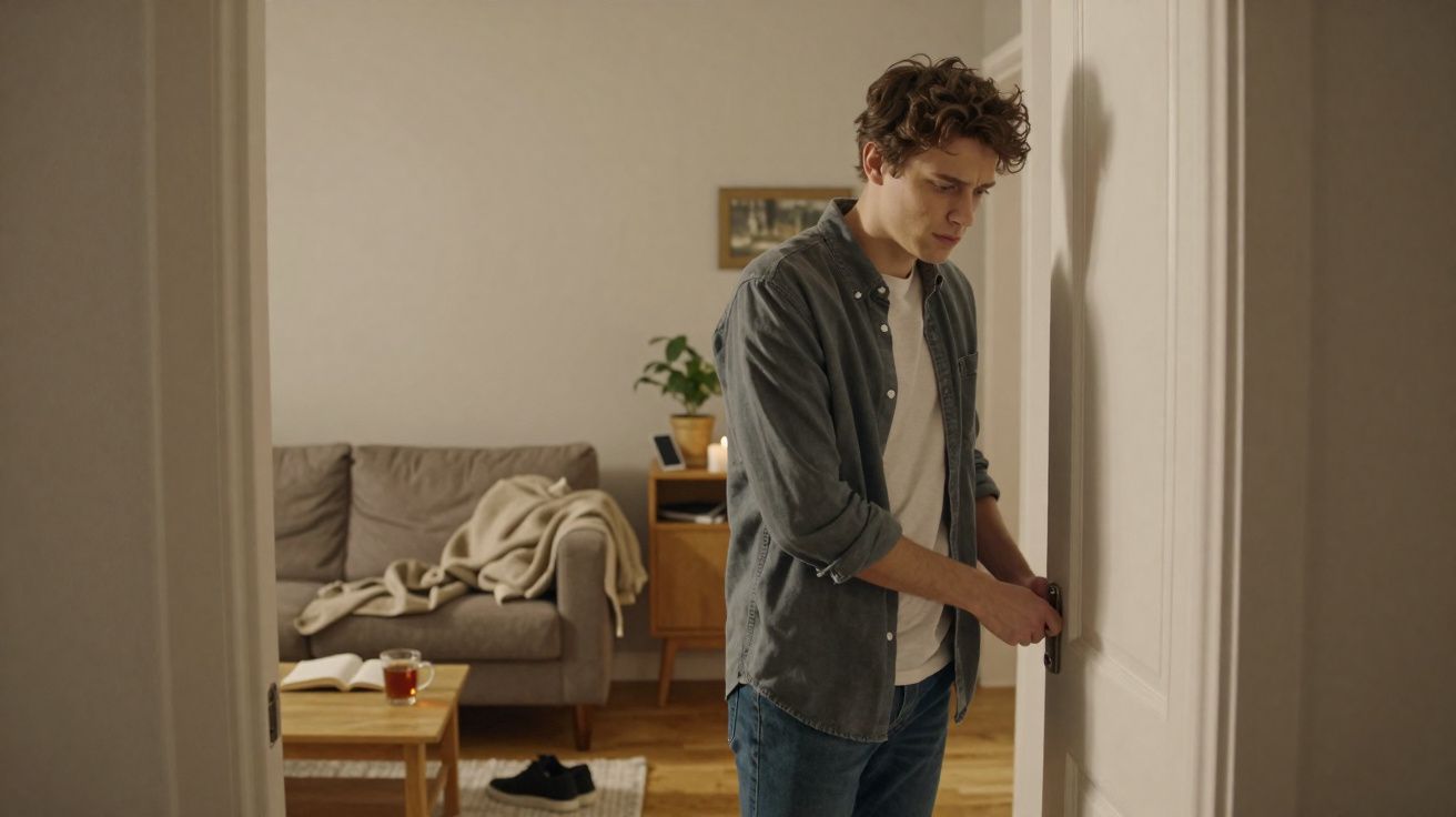 Homem jovem a fechar a porta de um quarto, em sala de estar simples com sofá e mesa baixa.