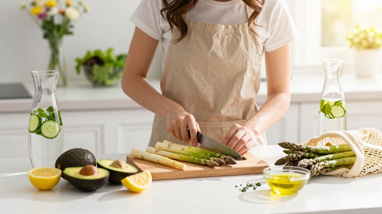 Pessoa a cortar espargos frescos numa cozinha luminosa, com abacates, limões e jarros de água aromatizada.