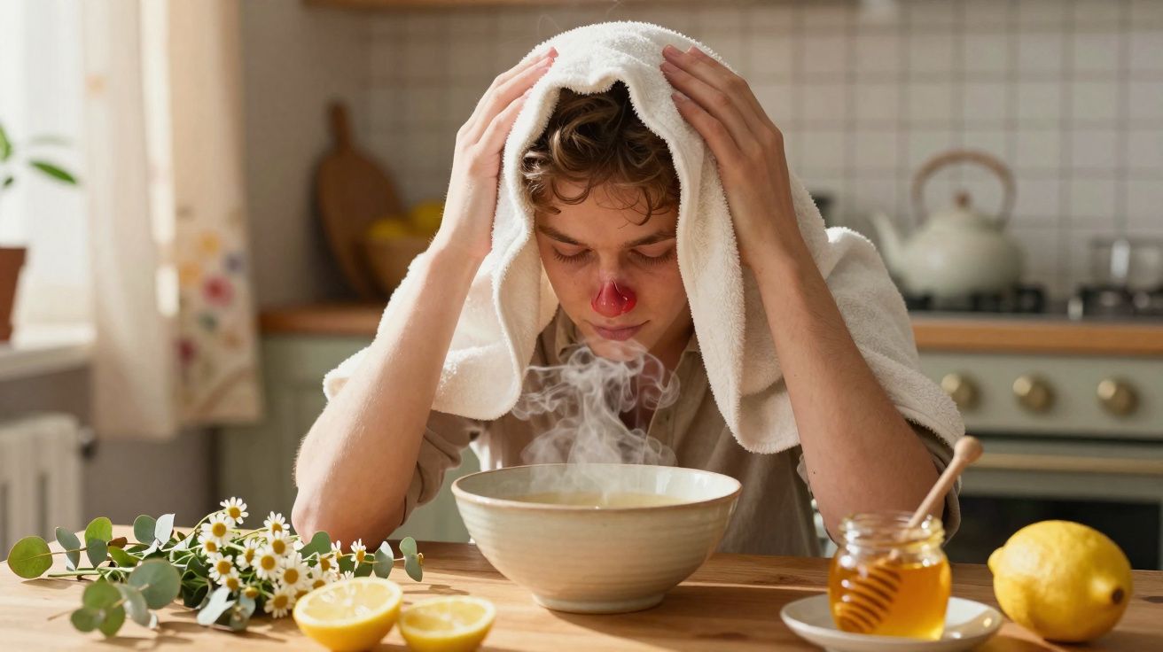 Pessoa com toalha na cabeça a inalar vapor de tigela com remédios naturais numa cozinha.
