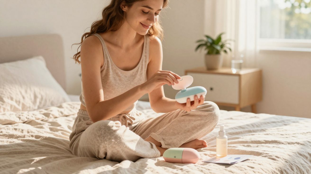 Mulher sentada na cama a usar aparelho portátil para cuidados faciais num quarto iluminado e acolhedor.