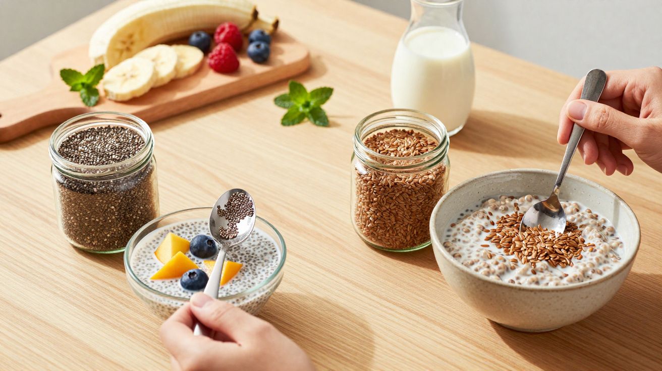 Pessoa a adicionar sementes de linhaça e chia em bowls com leite e fruta em mesa de madeira.