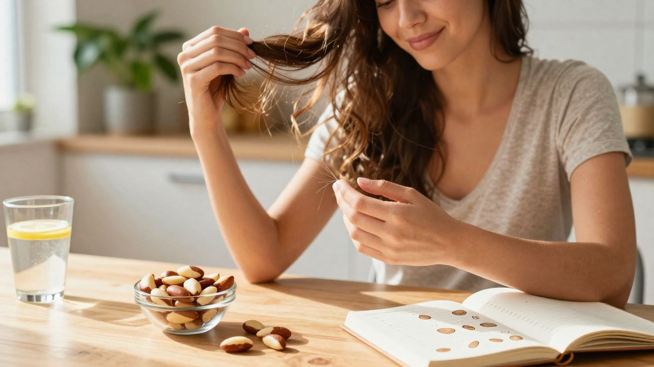 Jovem sentada à mesa a brincar com o cabelo, com livro aberto, taça de frutos secos e copo de água com limão.