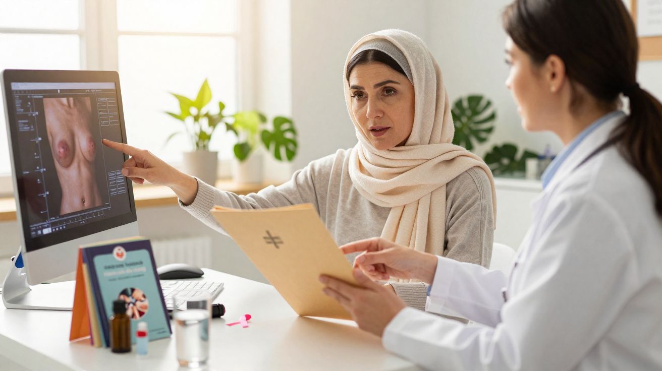 Mulher com lenço conversa com médica sobre imagens de mama no ecrã num consultório médico.