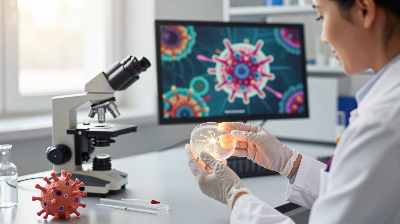 Cientista a segurar placa de Petri com bactéria, microscópio e imagem de vírus no ecrã do computador.