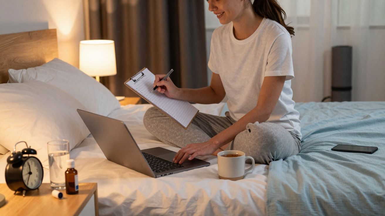 Mulher sentada na cama com computador portátil, a escrever numa prancheta, com chá e medicamentos ao lado.