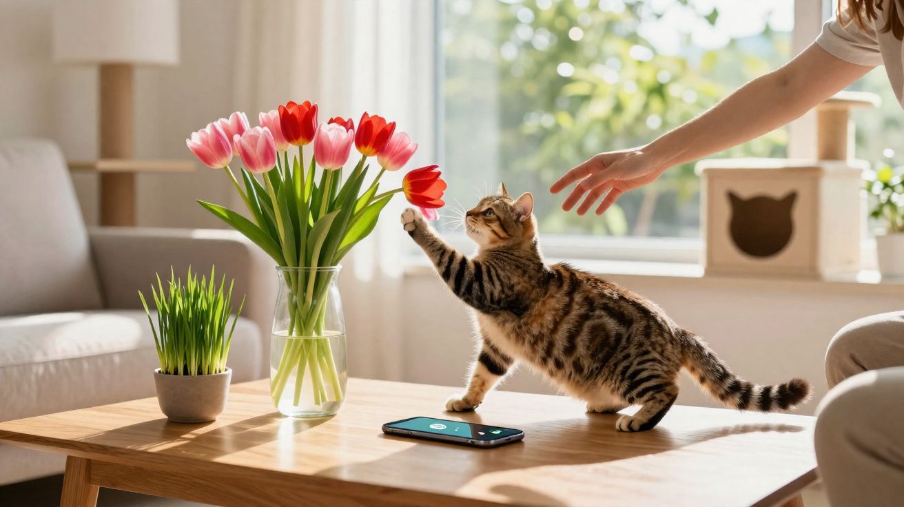 Gato esticado na mesa junto a vaso com tulipas vermelhas e rosas, enquanto mão humana tenta tocar-lhe.