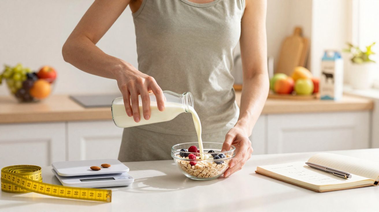 Pessoa a verter leite numa tigela com flocos de aveia e frutas, com fita métrica, balança e caderno numa cozinha.