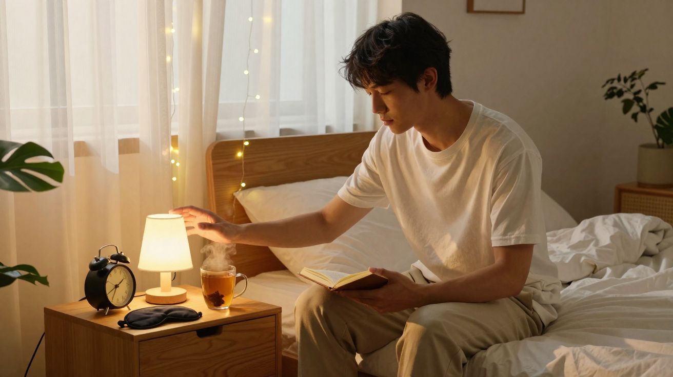 Homem sentado na cama lê um livro e acende uma luz numa mesa de cabeceira junto a chá quente e despertador.