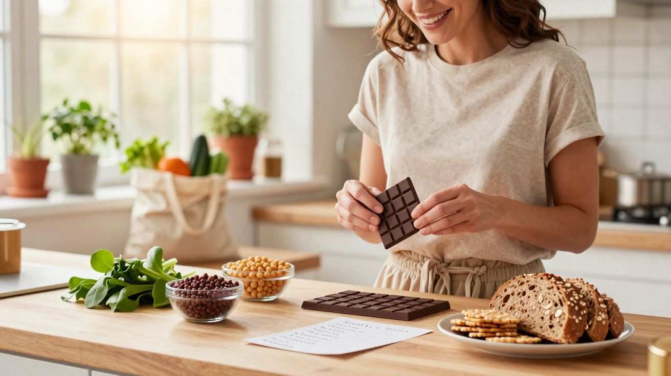 Mulher a partir chocolate em quadrados, com ingredientes e alimentos saudáveis sobre a bancada da cozinha iluminada.