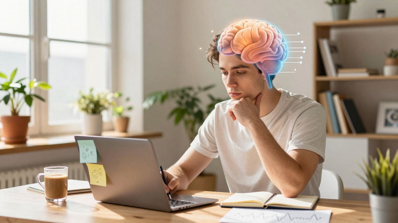 Jovem a trabalhar num laptop com ilustração digital de cérebro sobreposto simbolizando concentração e pensamento.