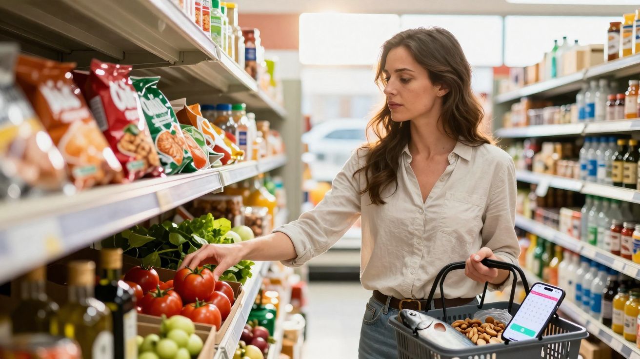Mulher a escolher tomates frescos numa prateleira de supermercado, com cesto de compras na mão.