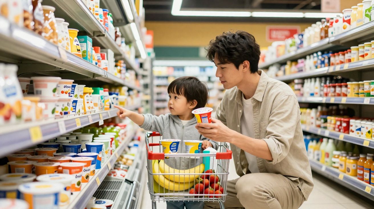 Pai e filho a escolher iogurtes num supermercado, carrinho com frutas ao lado.